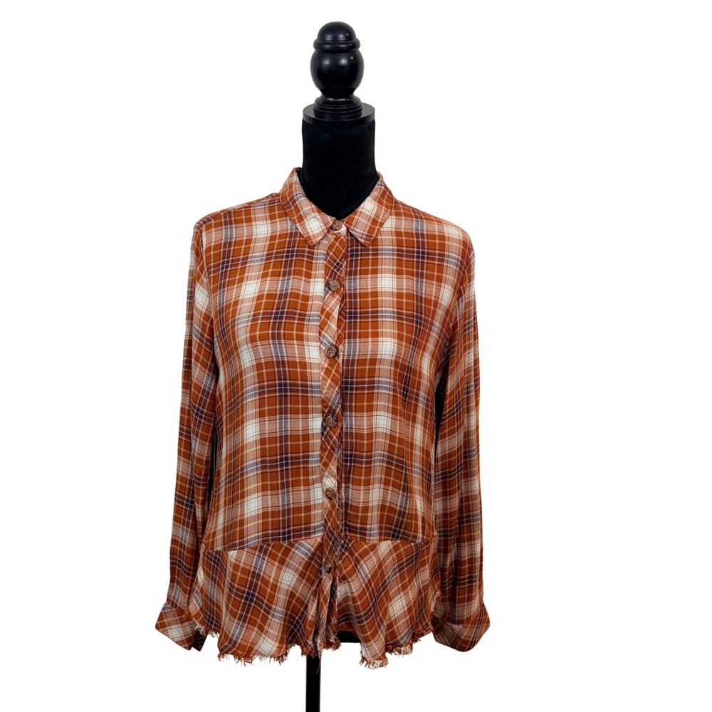 Democracy Womens M Plaid Button Down Shirt Metallic Frayed Peplum Distressed